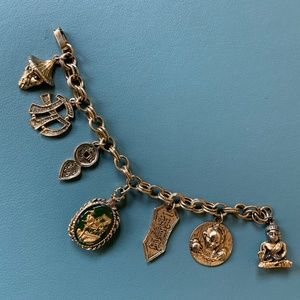 Vintage 1950s Travel Theme Charm Bracelet with 7 Asian Motif Charms